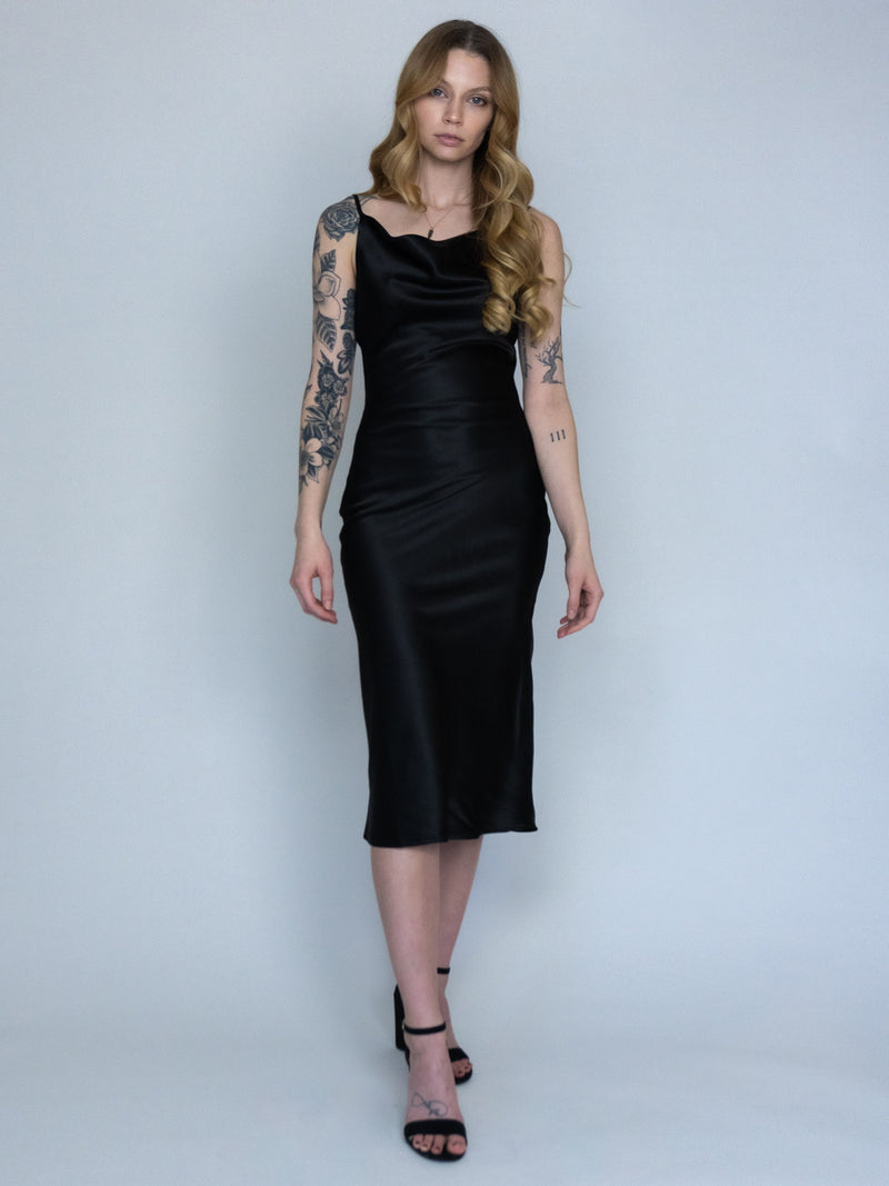 Satin Cowl Neck Midi Dress