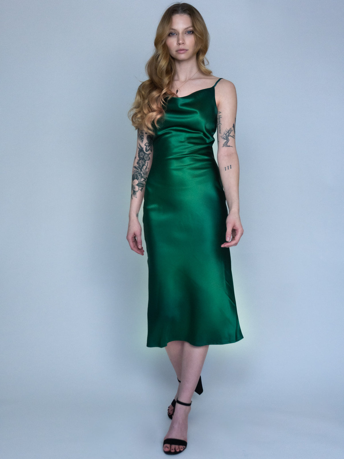 Satin Cowl Neck Midi Dress