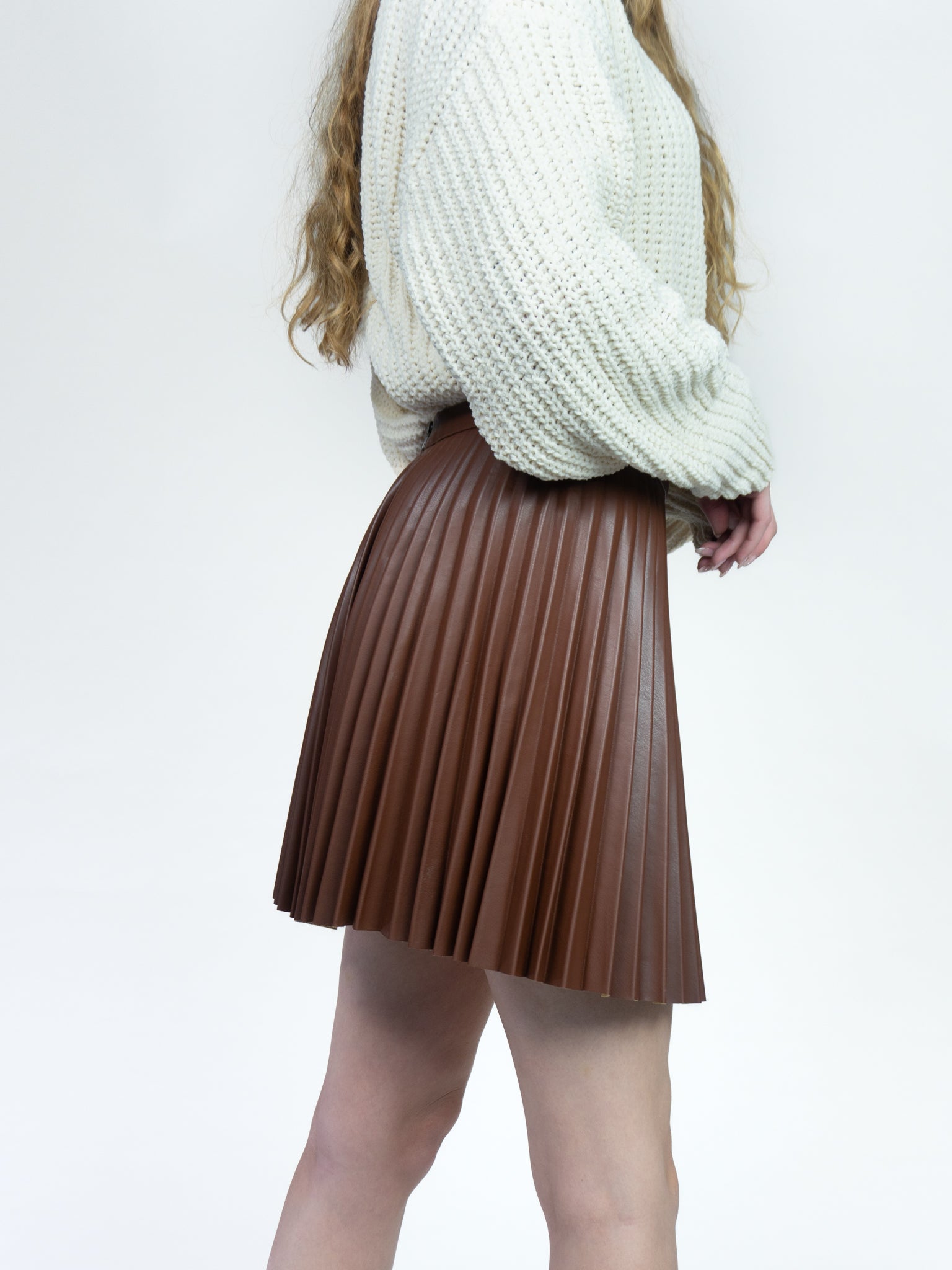 Tan leather pleated outlet skirt