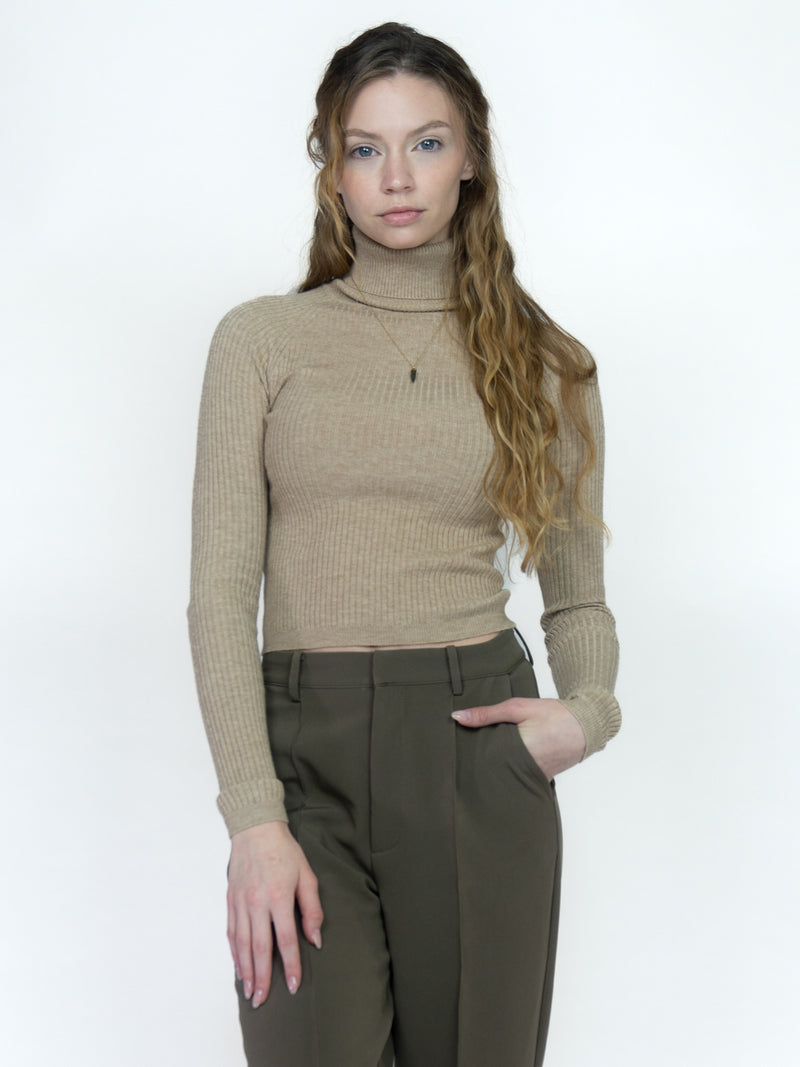 Ribbed Long Sleeve Turtle Neck Oatmeal / Small